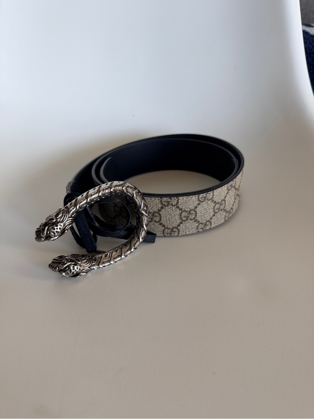 Gucci Beige Monogram Double Tiger Head Buckle Belt